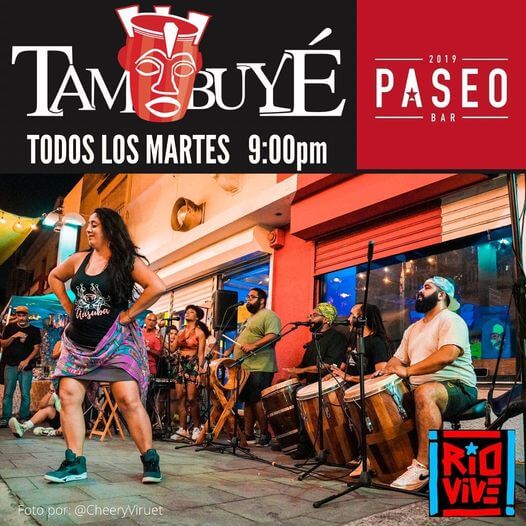 arte promocional con personas bailando y tocando la bomba puertorriqueña - Taller Tambuyé