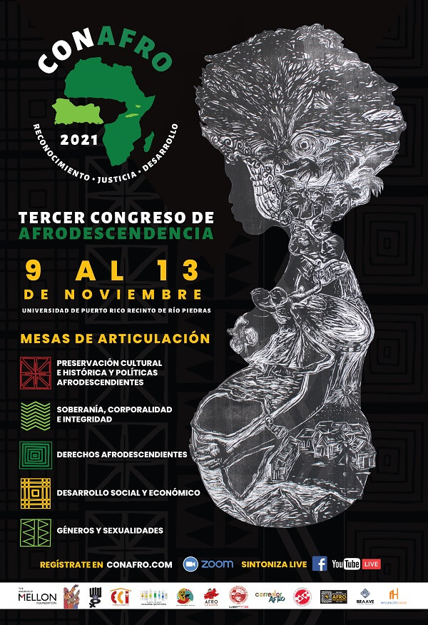 imagen promocional tercer congreso afrodescendencia - ilustración de una mujer africana embarazada con paisajes del campo