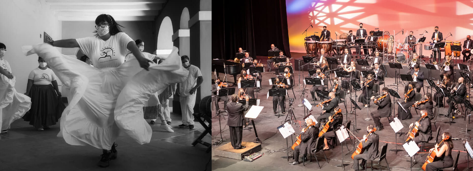 mujer danzando y orquesta Filarmónica de Puerto Rico tocando en un concierto