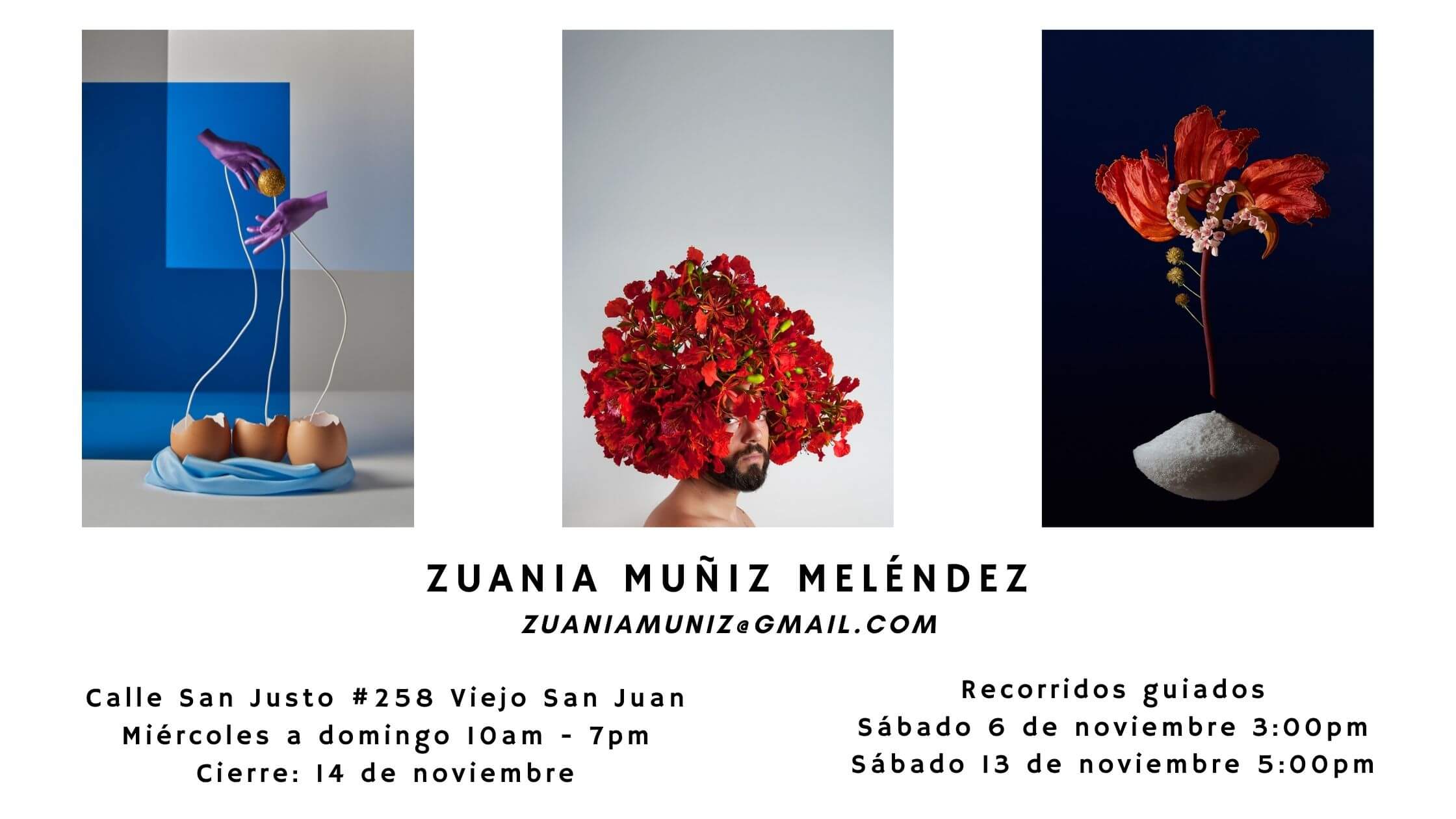 imagen promocional exhibición fotográfica - tres imágenes alineadas una de cascaras de huevos a la izquierda, un hombre con cabello de flores al centro y una flor de flamboyán flotando sobre una montaña de polvo