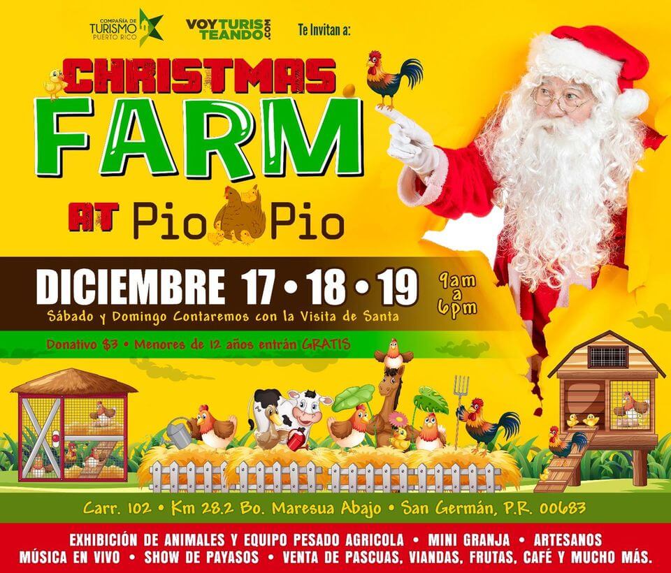 arte promocional Christmas Farm de Pío -Pío Farm - imagen de Santa Claus, gallinas, pillotos y animales de la granja